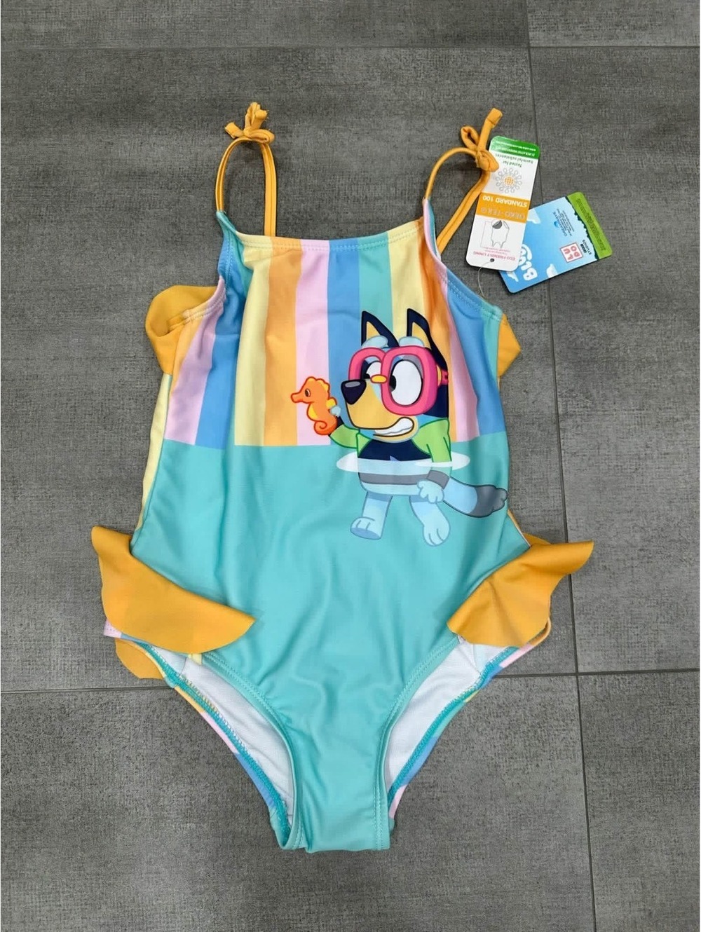 5T • Bluey Rainbow Stripe One Piece Swimsuit Girls Ruffle Swim Bathing Suit